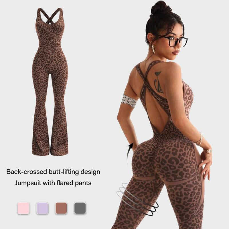 Women'S Leopard Print One-Piece Flared Workout Bodysuit, Sexy Hollow Cross Twisted Back Design Fitness Women'S Clothing Backless High-Waisted Yoga Jumpsuit Stylish Activewear Women'S Bodycon Workout Tracksuit Set High Waist Flare Leg Pant Sporty Yoga Set