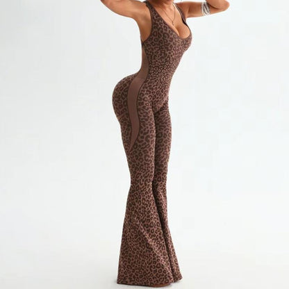 Women'S Leopard Print One-Piece Flared Workout Bodysuit, Sexy Hollow Cross Twisted Back Design Fitness Women'S Clothing Backless High-Waisted Yoga Jumpsuit Stylish Activewear Women'S Bodycon Workout Tracksuit Set High Waist Flare Leg Pant Sporty Yoga Set