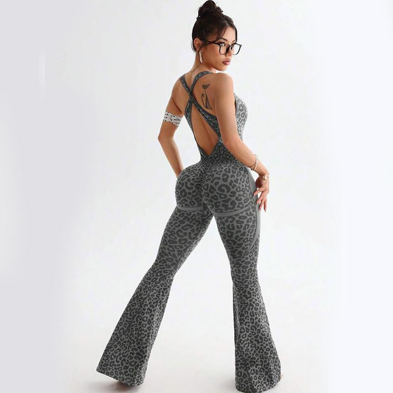 Women'S Leopard Print One-Piece Flared Workout Bodysuit, Sexy Hollow Cross Twisted Back Design Fitness Women'S Clothing Backless High-Waisted Yoga Jumpsuit Stylish Activewear Women'S Bodycon Workout Tracksuit Set High Waist Flare Leg Pant Sporty Yoga Set